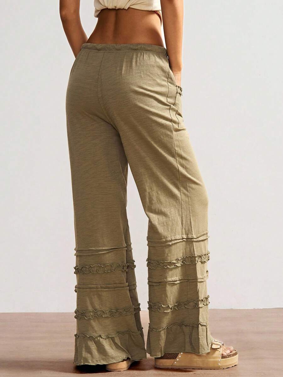 Bohemela Bohemian Style Solid Color High Waist Flare Leg Knit Pants, Spring/Summer Flare Leg Pants Bell Bottom Pants Tiered Ruffle Pants Ruffle Hem Pants,Fall Clothes For Women