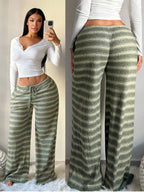 SHEIN SXY Women's Comfortable Casual Simple Low Waist Drawstring Wide Leg Pants Striped Pants Set Comfy Pants Set Women Lounge Pants Set