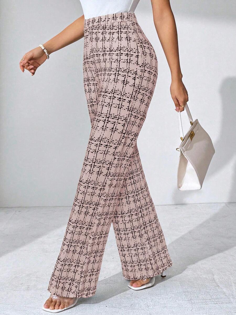 SHEIN Clasi Summer Elegant Women's Plaid Printed Elastic Knitted Pants, Suitable For Various Occasions, Suitable For Summer Vacation, Elegant Travel, And Daily Commuting Business Casual Woman