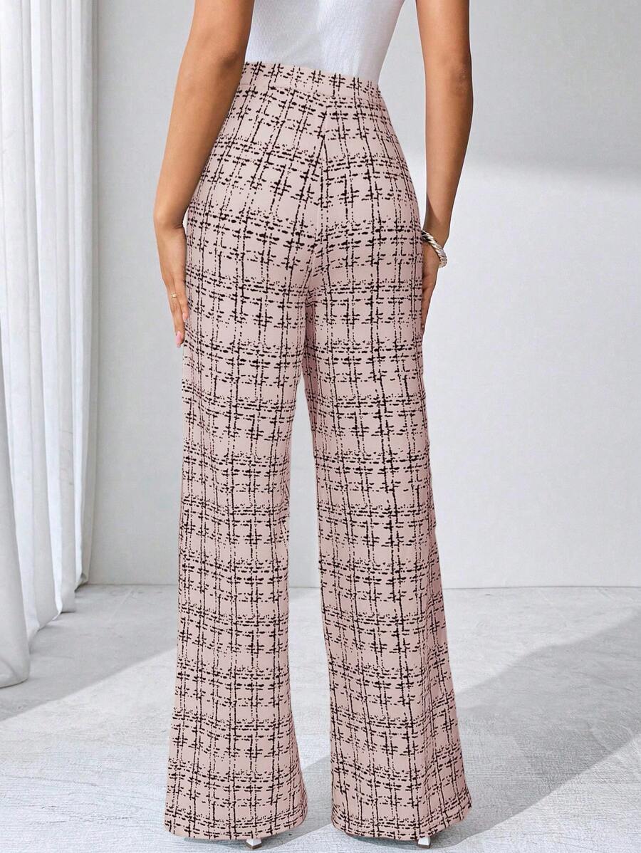SHEIN Clasi Summer Elegant Women's Plaid Printed Elastic Knitted Pants, Suitable For Various Occasions, Suitable For Summer Vacation, Elegant Travel, And Daily Commuting Business Casual Woman