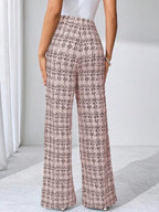 SHEIN Clasi Summer Elegant Women's Plaid Printed Elastic Knitted Pants, Suitable For Various Occasions, Suitable For Summer Vacation, Elegant Travel, And Daily Commuting Business Casual Woman