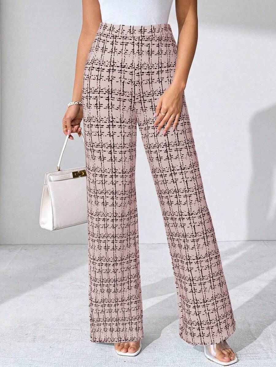 SHEIN Clasi Summer Elegant Women's Plaid Printed Elastic Knitted Pants, Suitable For Various Occasions, Suitable For Summer Vacation, Elegant Travel, And Daily Commuting Business Casual Woman