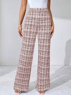 SHEIN Clasi Summer Elegant Women's Plaid Printed Elastic Knitted Pants, Suitable For Various Occasions, Suitable For Summer Vacation, Elegant Travel, And Daily Commuting Business Casual Woman