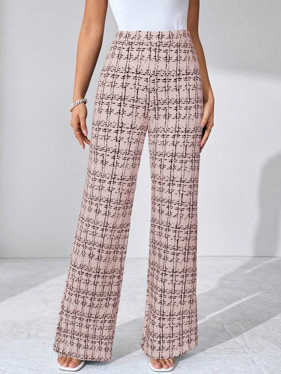 SHEIN Clasi Summer Elegant Women's Plaid Printed Elastic Knitted Pants, Suitable For Various Occasions, Suitable For Summer Vacation, Elegant Travel, And Daily Commuting Business Casual Woman