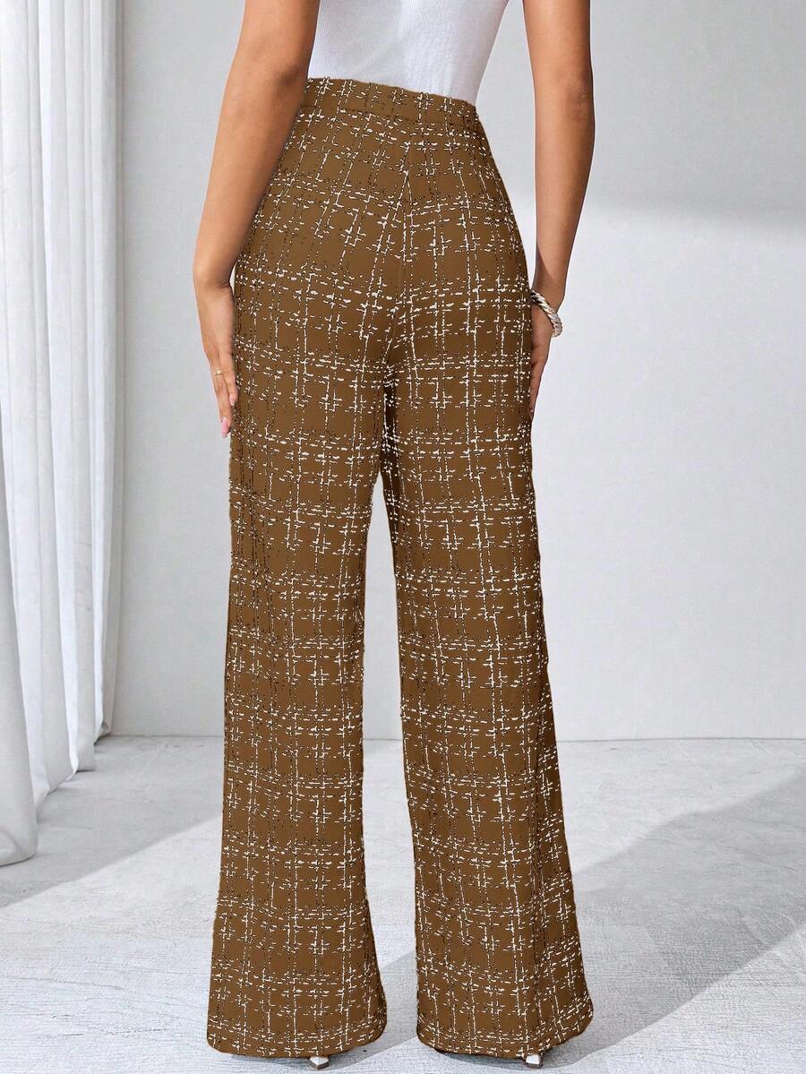 SHEIN Clasi Summer Elegant Women's Plaid Printed Elastic Knitted Pants, Suitable For Various Occasions, Suitable For Summer Vacation, Elegant Travel, And Daily Commuting Business Casual Woman