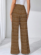 SHEIN Clasi Summer Elegant Women's Plaid Printed Elastic Knitted Pants, Suitable For Various Occasions, Suitable For Summer Vacation, Elegant Travel, And Daily Commuting Business Casual Woman