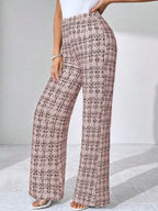 SHEIN Clasi Summer Elegant Women's Plaid Printed Elastic Knitted Pants, Suitable For Various Occasions, Suitable For Summer Vacation, Elegant Travel, And Daily Commuting Business Casual Woman