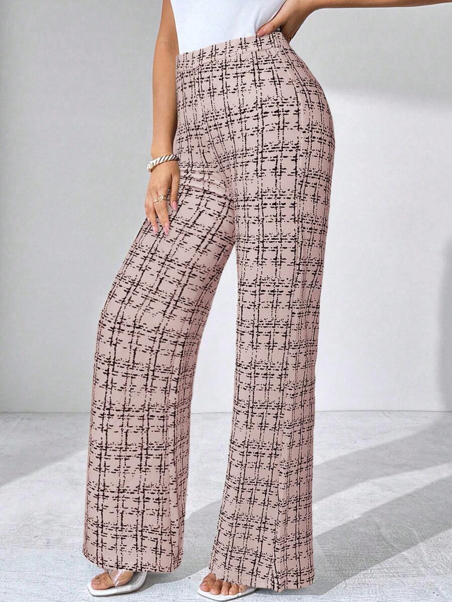 SHEIN Clasi Summer Elegant Women's Plaid Printed Elastic Knitted Pants, Suitable For Various Occasions, Suitable For Summer Vacation, Elegant Travel, And Daily Commuting Business Casual Woman
