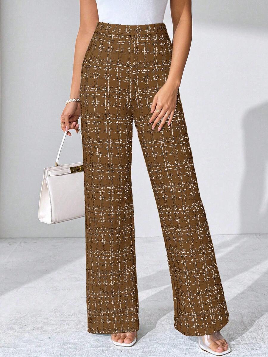 SHEIN Clasi Summer Elegant Women's Plaid Printed Elastic Knitted Pants, Suitable For Various Occasions, Suitable For Summer Vacation, Elegant Travel, And Daily Commuting Business Casual Woman