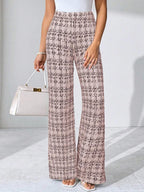 SHEIN Clasi Summer Elegant Women's Plaid Printed Elastic Knitted Pants, Suitable For Various Occasions, Suitable For Summer Vacation, Elegant Travel, And Daily Commuting Business Casual Woman