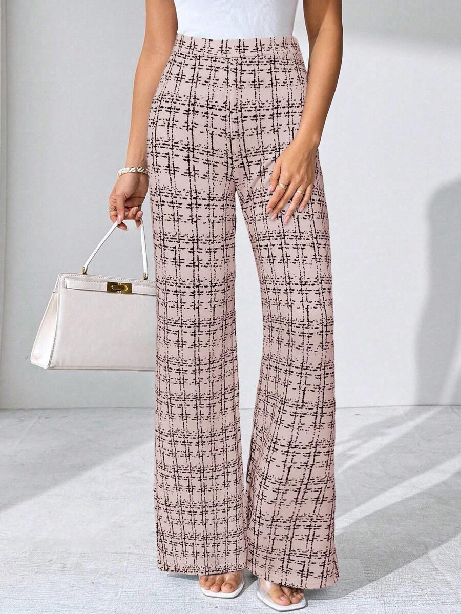 SHEIN Clasi Summer Elegant Women's Plaid Printed Elastic Knitted Pants, Suitable For Various Occasions, Suitable For Summer Vacation, Elegant Travel, And Daily Commuting Business Casual Woman