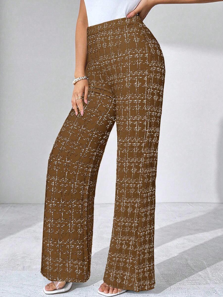 SHEIN Clasi Summer Elegant Women's Plaid Printed Elastic Knitted Pants, Suitable For Various Occasions, Suitable For Summer Vacation, Elegant Travel, And Daily Commuting Business Casual Woman