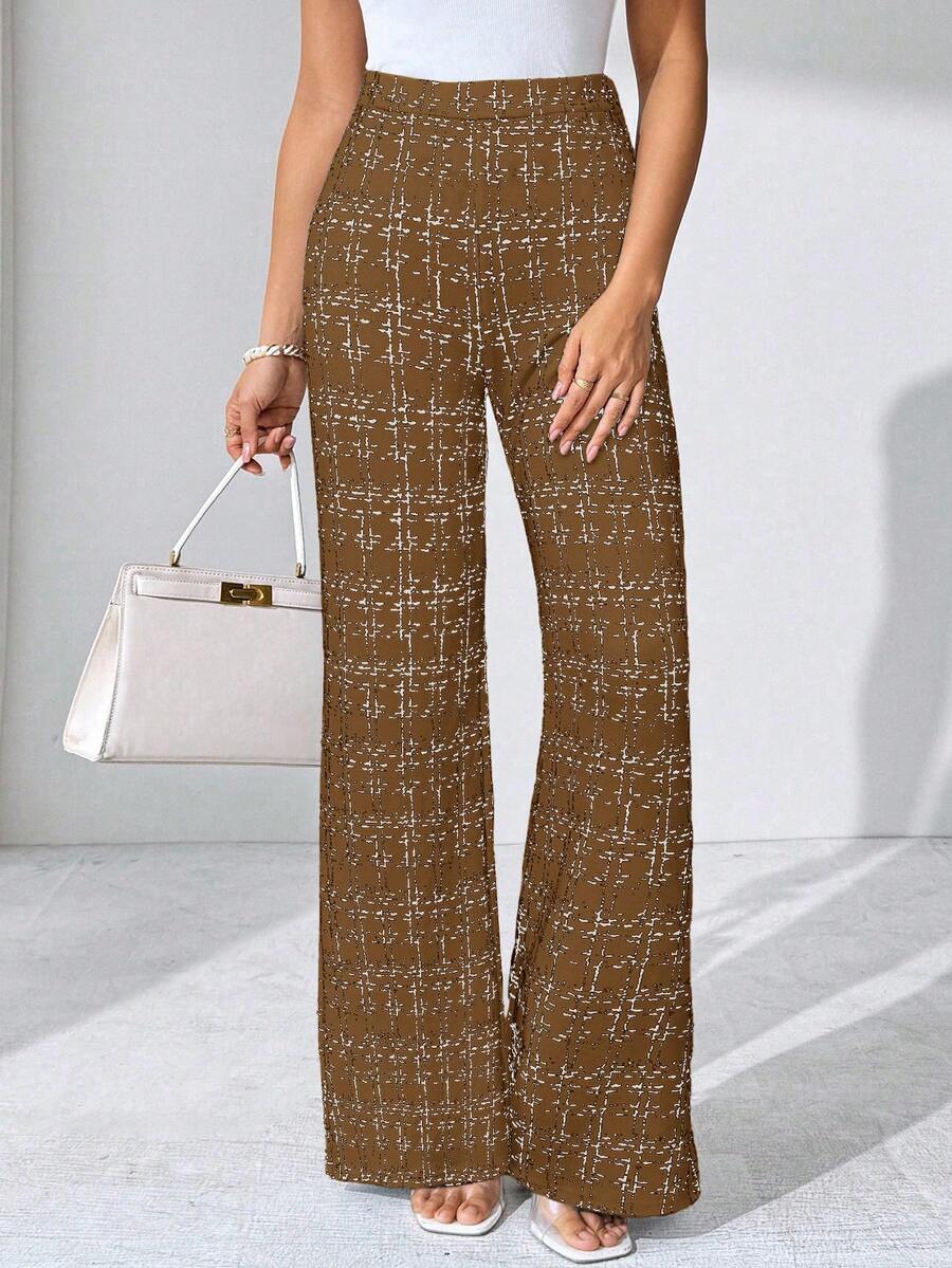 SHEIN Clasi Summer Elegant Women's Plaid Printed Elastic Knitted Pants, Suitable For Various Occasions, Suitable For Summer Vacation, Elegant Travel, And Daily Commuting Business Casual Woman