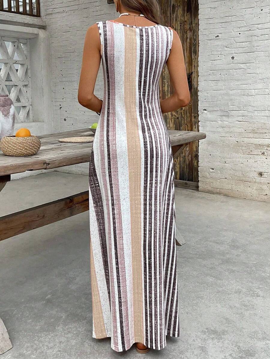 EMERY ROSE Women's Retro Striped Sleeveless Round Neck Dress