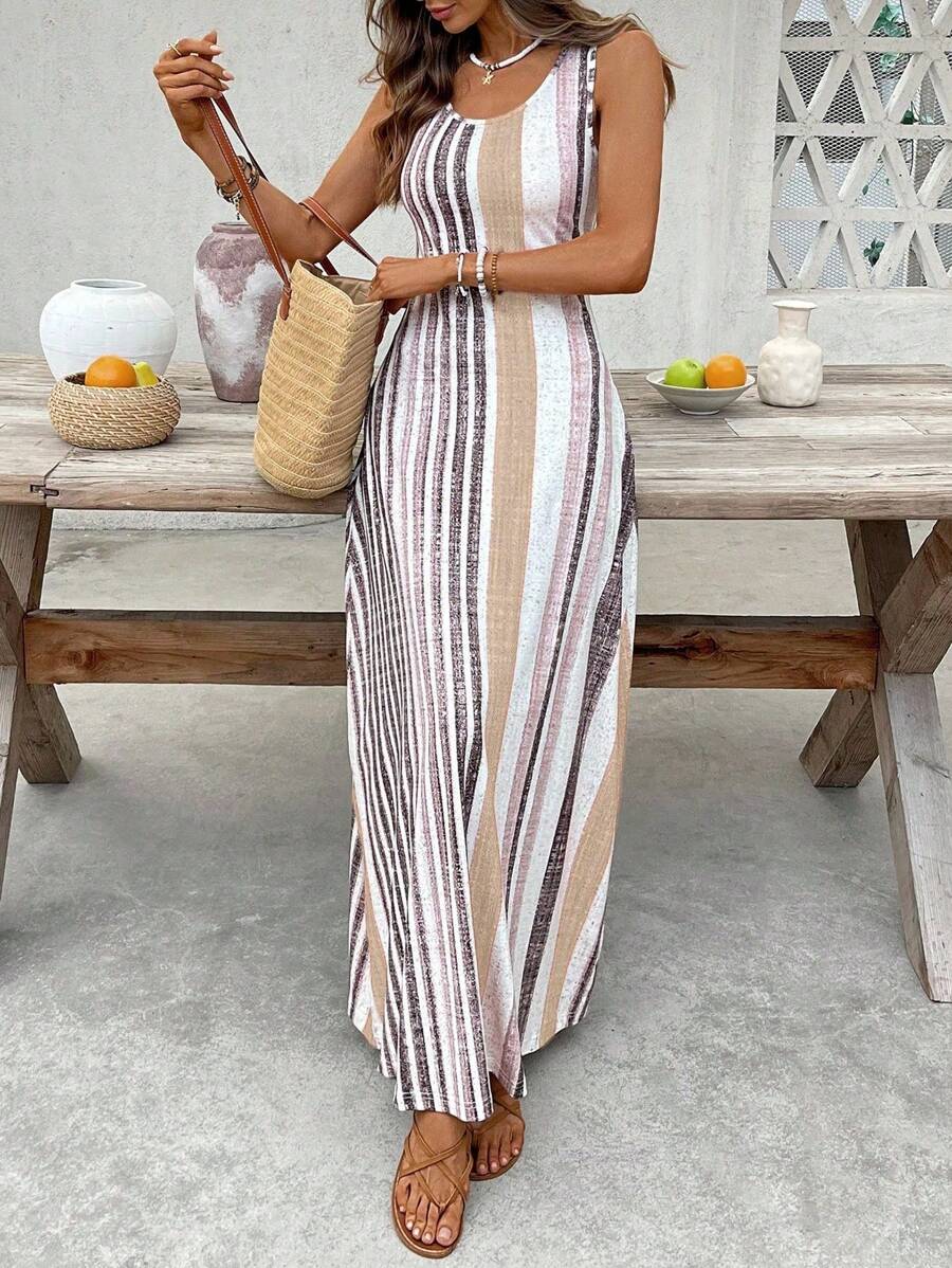 EMERY ROSE Women's Retro Striped Sleeveless Round Neck Dress