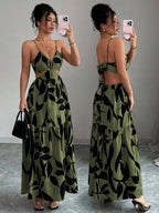 Elenzga Women's Summer New Arrivals Spaghetti Strap Cinched Waist Floral Print Dress (Random Floral Print Cut)