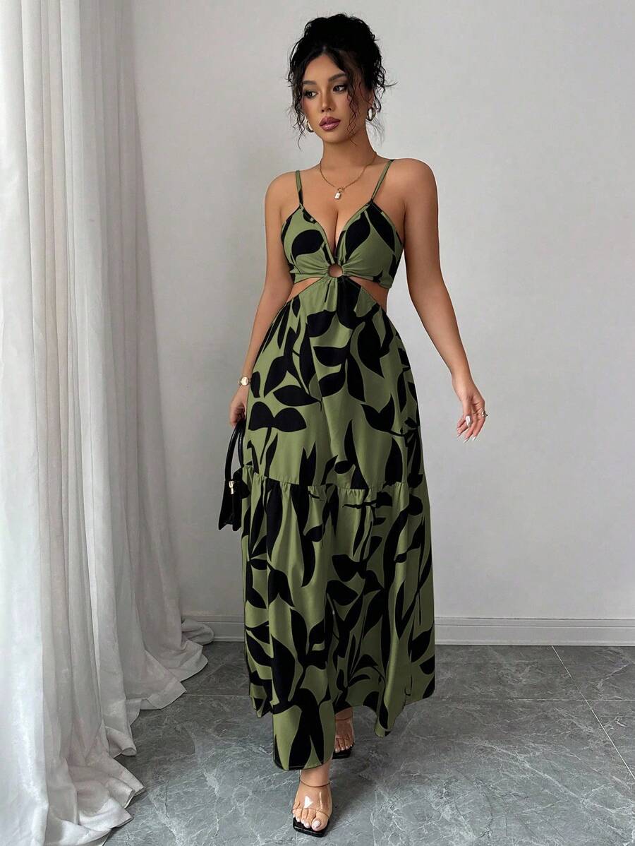 Elenzga Women's Summer New Arrivals Spaghetti Strap Cinched Waist Floral Print Dress (Random Floral Print Cut)