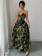 Elenzga Women's Summer New Arrivals Spaghetti Strap Cinched Waist Floral Print Dress (Random Floral Print Cut)