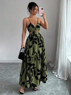 Elenzga Women's Summer New Arrivals Spaghetti Strap Cinched Waist Floral Print Dress (Random Floral Print Cut)