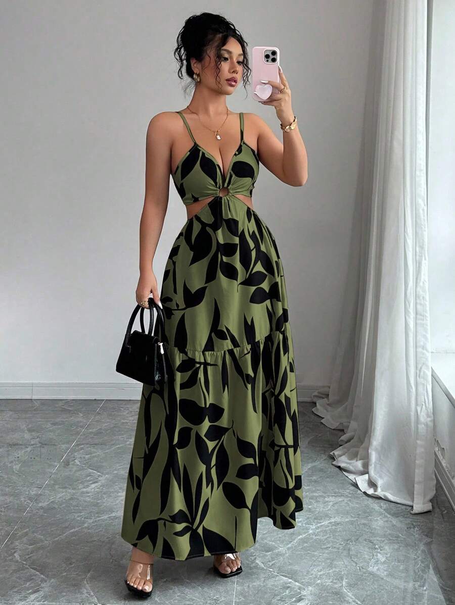 Elenzga Women's Summer New Arrivals Spaghetti Strap Cinched Waist Floral Print Dress (Random Floral Print Cut)