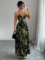 Elenzga Women's Summer New Arrivals Spaghetti Strap Cinched Waist Floral Print Dress (Random Floral Print Cut)