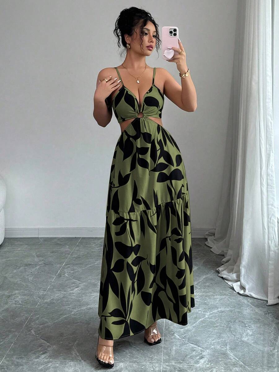 Elenzga Women's Summer New Arrivals Spaghetti Strap Cinched Waist Floral Print Dress (Random Floral Print Cut)