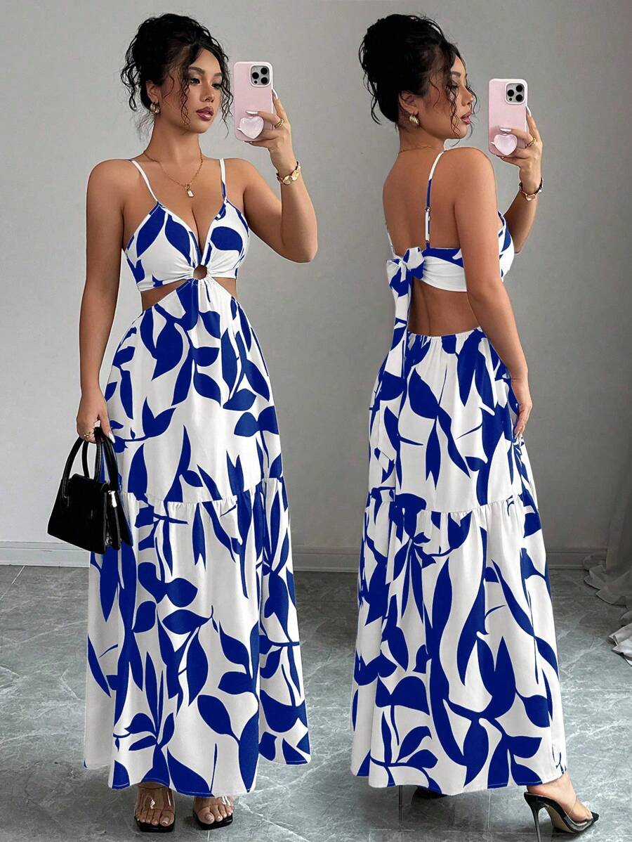 Elenzga Women's Summer New Arrivals Spaghetti Strap Cinched Waist Floral Print Dress (Random Floral Print Cut)