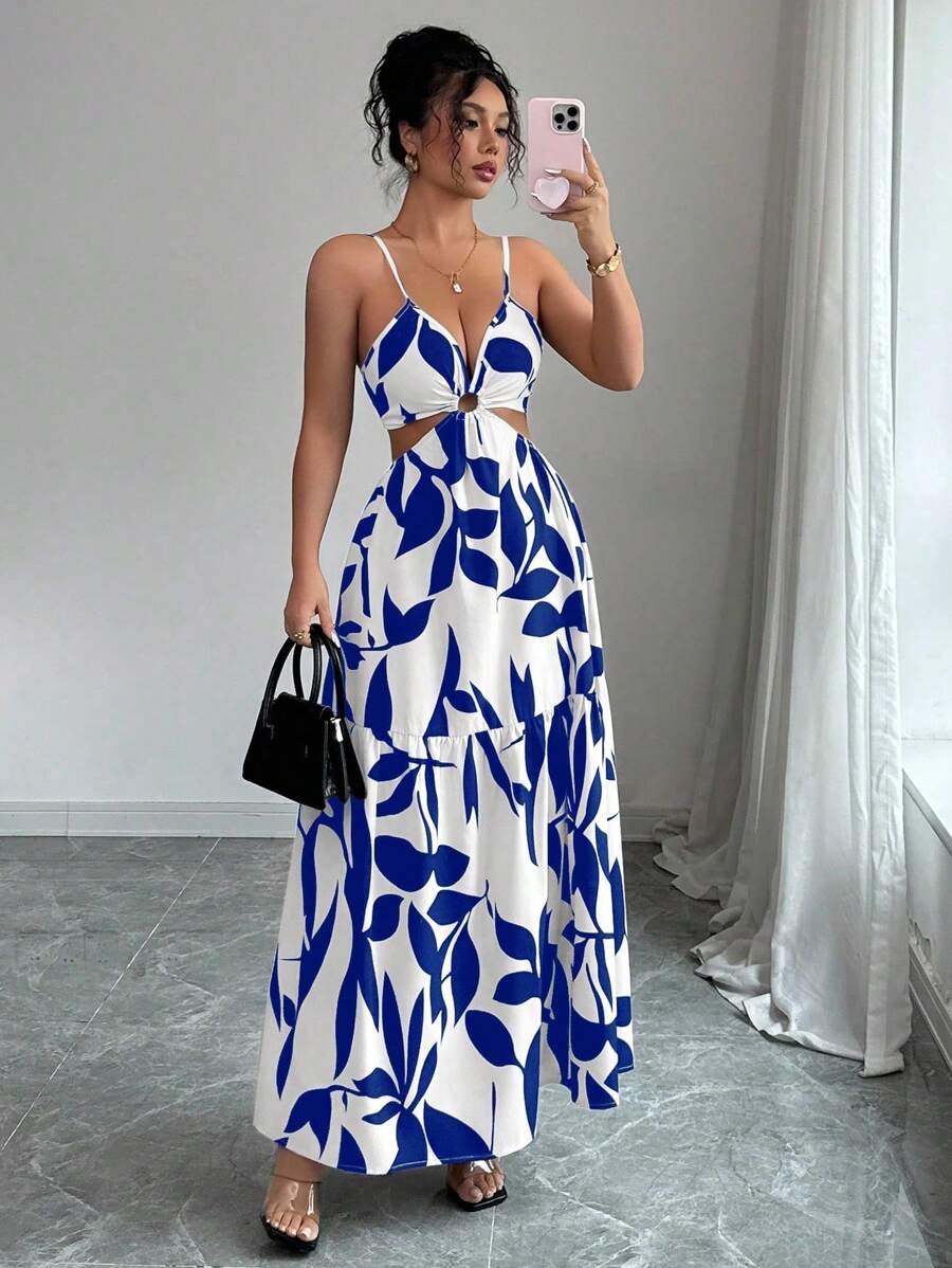 Elenzga Women's Summer New Arrivals Spaghetti Strap Cinched Waist Floral Print Dress (Random Floral Print Cut)