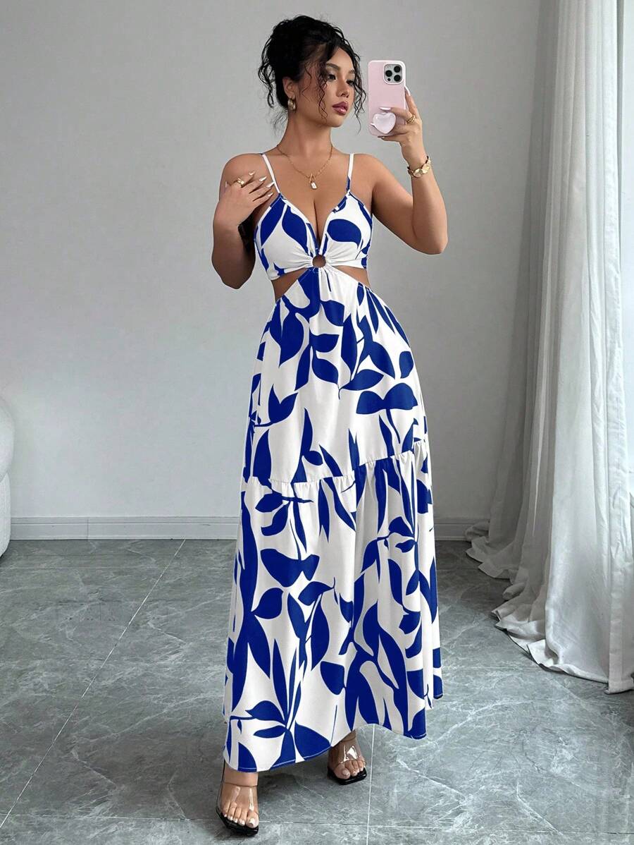 Elenzga Women's Summer New Arrivals Spaghetti Strap Cinched Waist Floral Print Dress (Random Floral Print Cut)