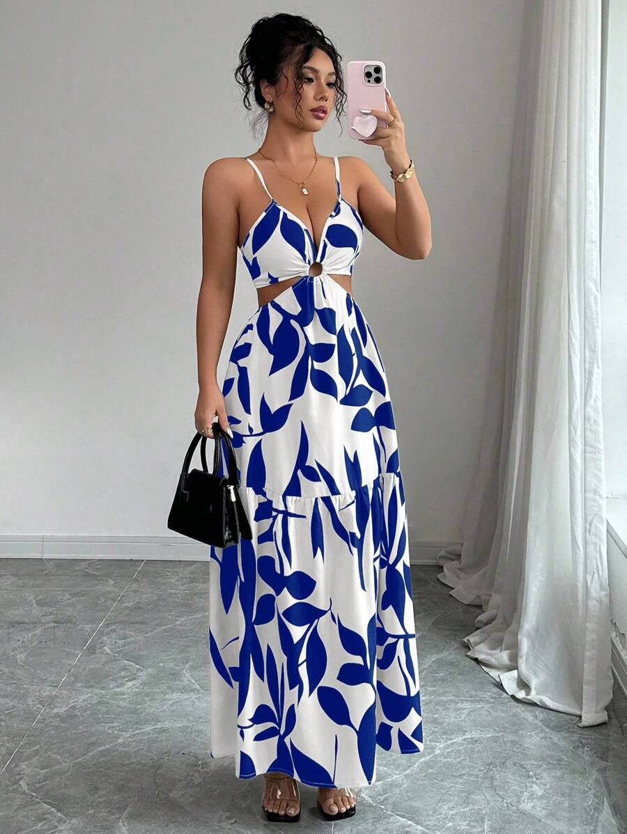 Elenzga Women's Summer New Arrivals Spaghetti Strap Cinched Waist Floral Print Dress (Random Floral Print Cut)