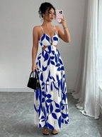 Elenzga Women's Summer New Arrivals Spaghetti Strap Cinched Waist Floral Print Dress (Random Floral Print Cut)