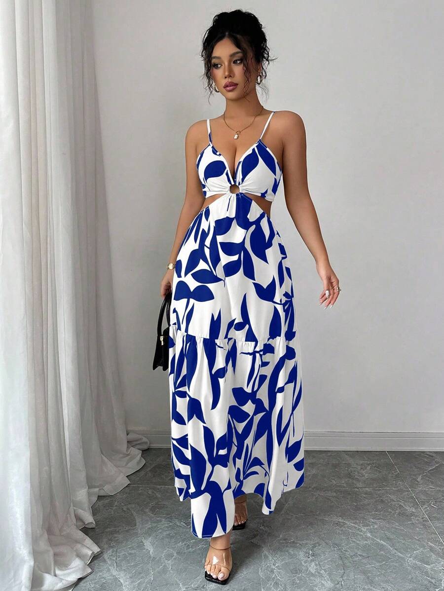 Elenzga Women's Summer New Arrivals Spaghetti Strap Cinched Waist Floral Print Dress (Random Floral Print Cut)