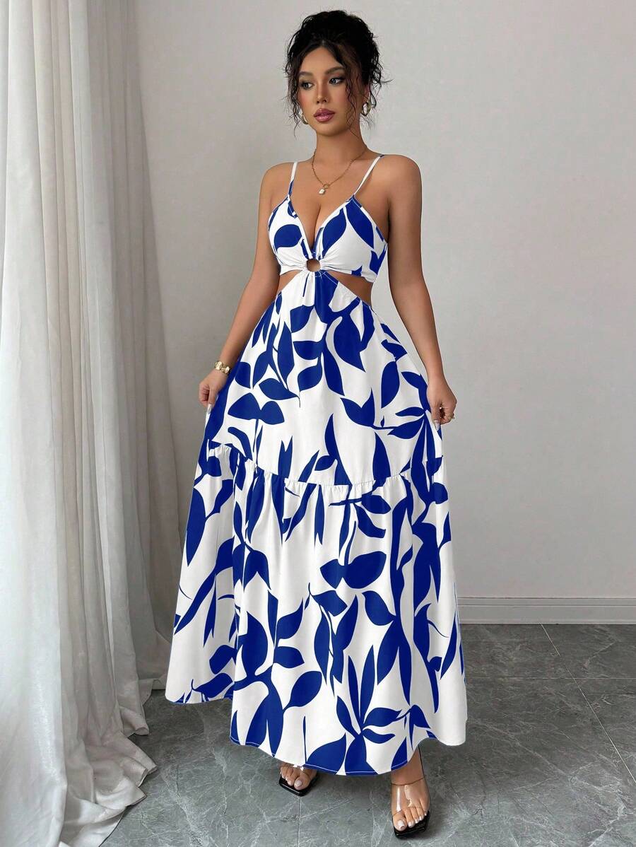Elenzga Women's Summer New Arrivals Spaghetti Strap Cinched Waist Floral Print Dress (Random Floral Print Cut)