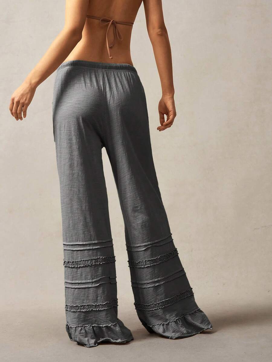 Bohemela Bohemian Style Solid Color High Waist Flare Leg Knit Pants, Spring/Summer Flare Leg Pants Bell Bottom Pants Tiered Ruffle Pants Ruffle Hem Pants,Fall Clothes For Women