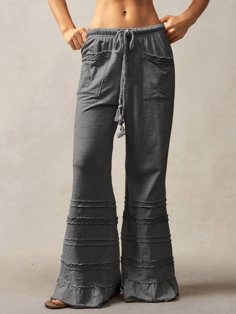 Bohemela Bohemian Style Solid Color High Waist Flare Leg Knit Pants, Spring/Summer Flare Leg Pants Bell Bottom Pants Tiered Ruffle Pants Ruffle Hem Pants,Fall Clothes For Women