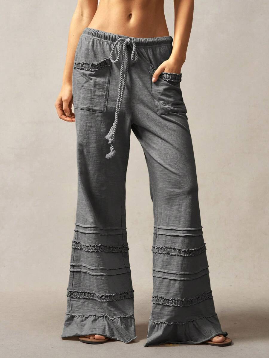 Bohemela Bohemian Style Solid Color High Waist Flare Leg Knit Pants, Spring/Summer Flare Leg Pants Bell Bottom Pants Tiered Ruffle Pants Ruffle Hem Pants,Fall Clothes For Women