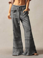 Bohemela Bohemian Style Solid Color High Waist Flare Leg Knit Pants, Spring/Summer Flare Leg Pants Bell Bottom Pants Tiered Ruffle Pants Ruffle Hem Pants,Fall Clothes For Women