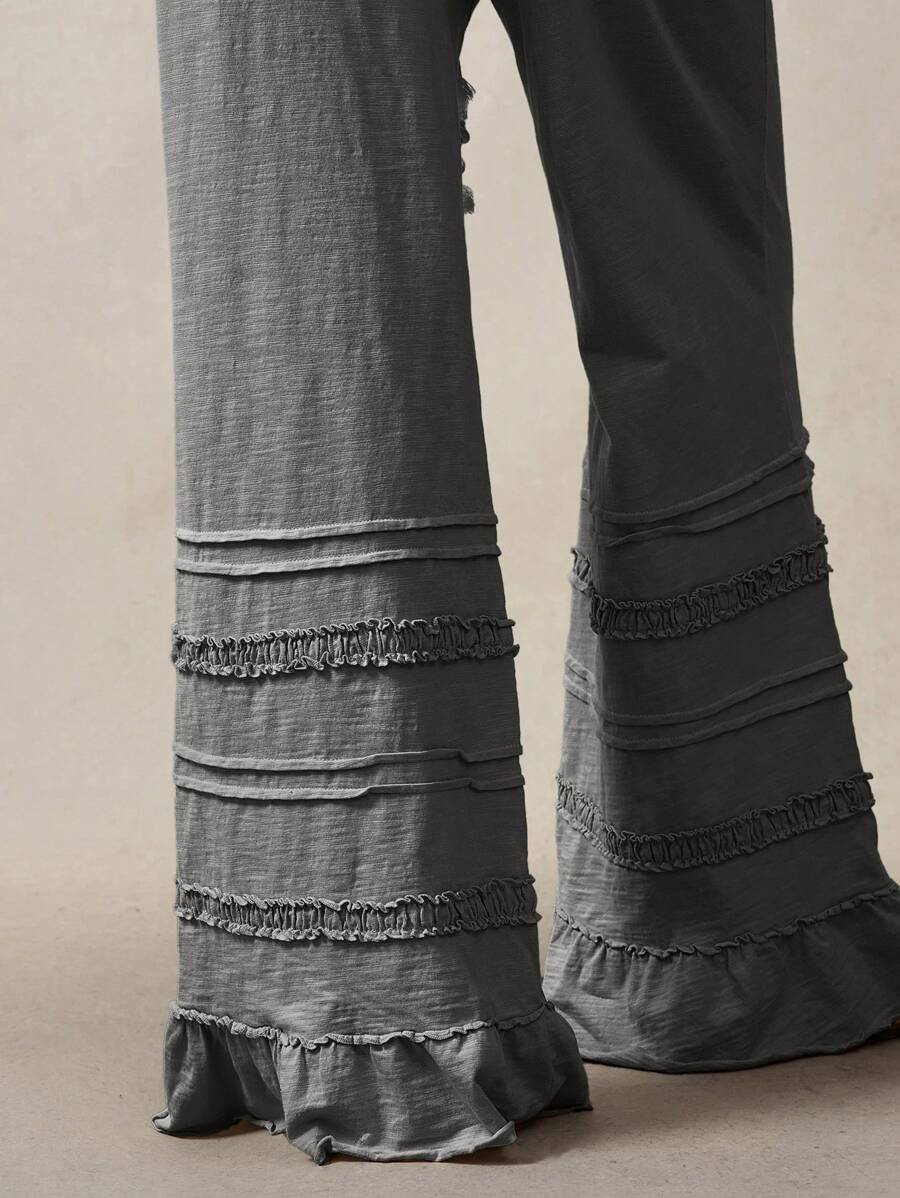 Bohemela Bohemian Style Solid Color High Waist Flare Leg Knit Pants, Spring/Summer Flare Leg Pants Bell Bottom Pants Tiered Ruffle Pants Ruffle Hem Pants,Fall Clothes For Women