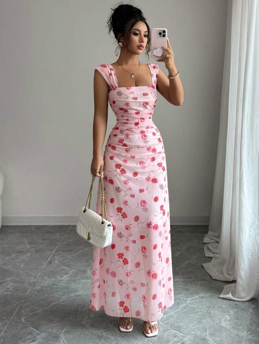 Elenzga New Women's Square Neck Mesh Floral Print Waist Ruched A-Line Maxi Dress, Elegant For Dates, Vacation, Waist Cinching, Flattering, Spring/Summer