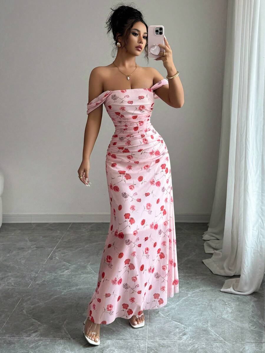 Elenzga New Women's Square Neck Mesh Floral Print Waist Ruched A-Line Maxi Dress, Elegant For Dates, Vacation, Waist Cinching, Flattering, Spring/Summer