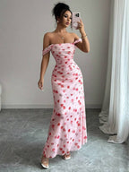 Elenzga New Women's Square Neck Mesh Floral Print Waist Ruched A-Line Maxi Dress, Elegant For Dates, Vacation, Waist Cinching, Flattering, Spring/Summer