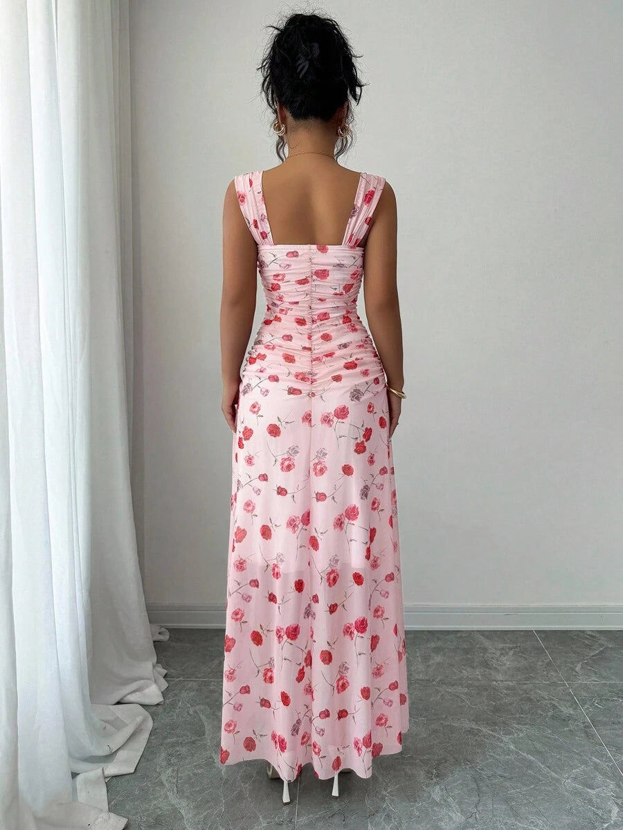 Elenzga New Women's Square Neck Mesh Floral Print Waist Ruched A-Line Maxi Dress, Elegant For Dates, Vacation, Waist Cinching, Flattering, Spring/Summer