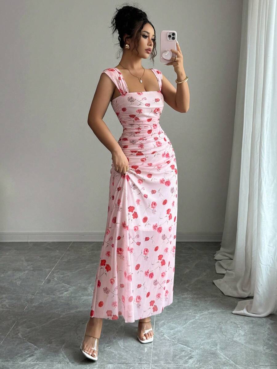 Elenzga New Women's Square Neck Mesh Floral Print Waist Ruched A-Line Maxi Dress, Elegant For Dates, Vacation, Waist Cinching, Flattering, Spring/Summer