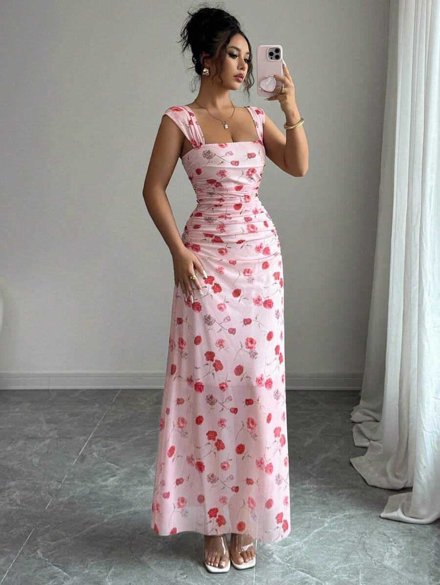 Elenzga New Women's Square Neck Mesh Floral Print Waist Ruched A-Line Maxi Dress, Elegant For Dates, Vacation, Waist Cinching, Flattering, Spring/Summer