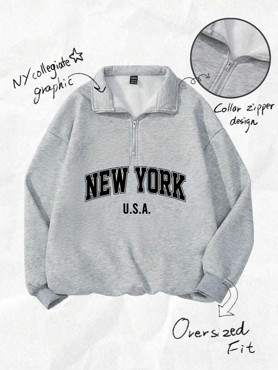 Attitoon Women's Loose Half-Zip High Neck Fleece Sweatshirt, Suitable For Autumn/Winter, Vintage, American Casual Style, 1997 Print,Fall,Chic,Grey,