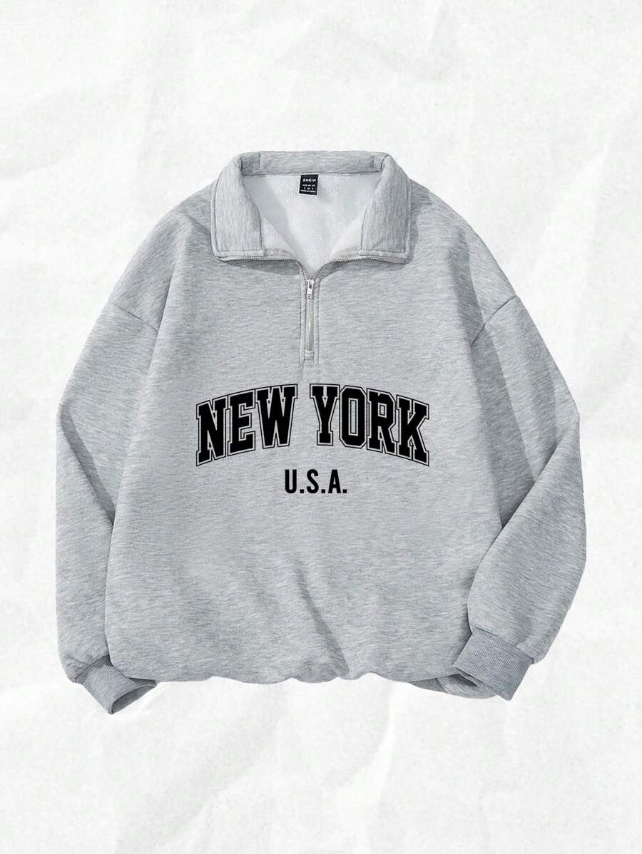 Attitoon Women's Loose Half-Zip High Neck Fleece Sweatshirt, Suitable For Autumn/Winter, Vintage, American Casual Style, 1997 Print,Fall,Chic,Grey,