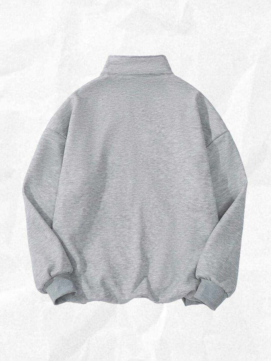 Attitoon Women's Loose Half-Zip High Neck Fleece Sweatshirt, Suitable For Autumn/Winter, Vintage, American Casual Style, 1997 Print,Fall,Chic,Grey,