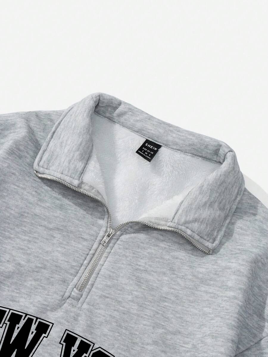 Attitoon Women's Loose Half-Zip High Neck Fleece Sweatshirt, Suitable For Autumn/Winter, Vintage, American Casual Style, 1997 Print,Fall,Chic,Grey,