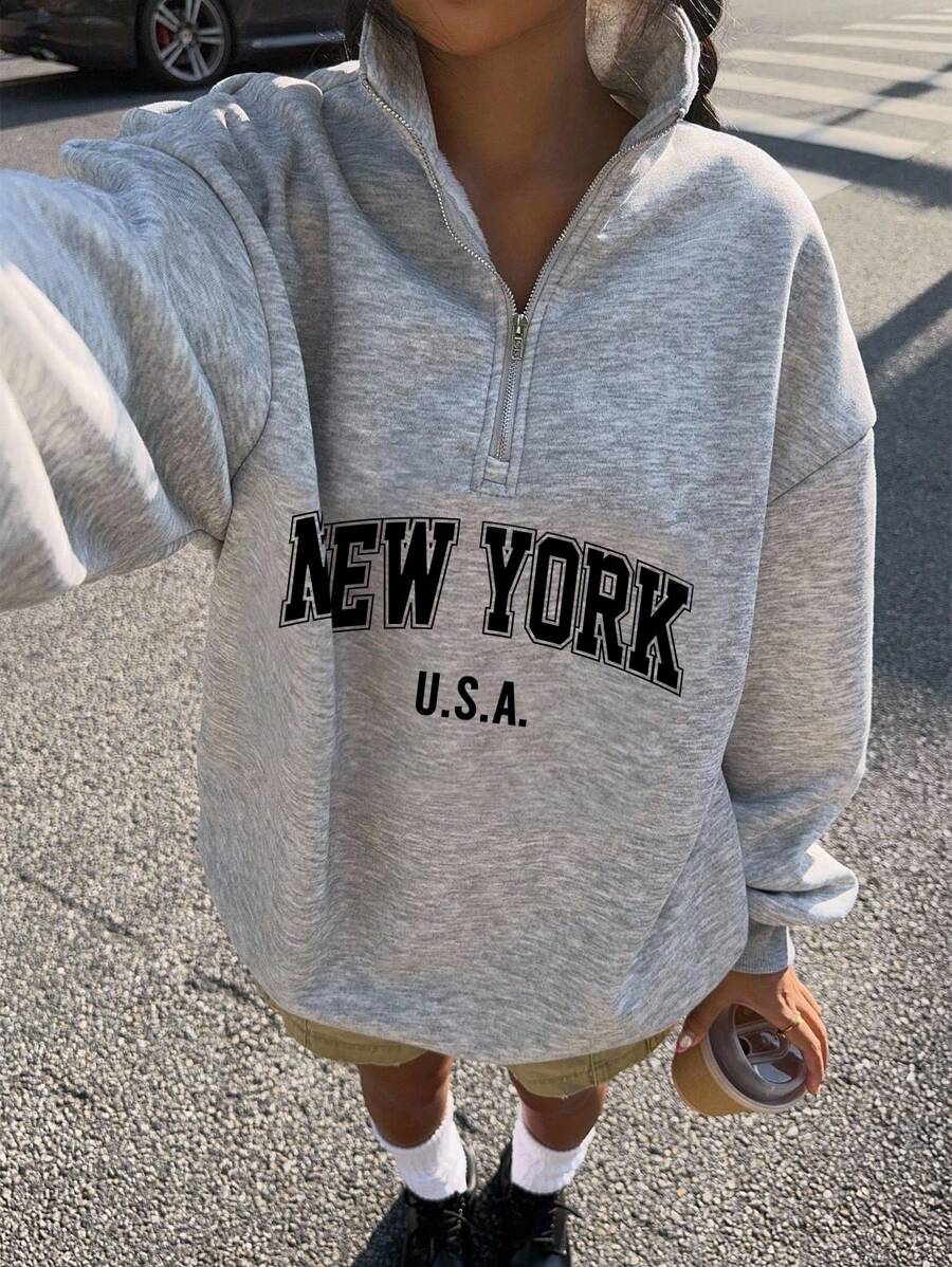 Attitoon Women's Loose Half-Zip High Neck Fleece Sweatshirt, Suitable For Autumn/Winter, Vintage, American Casual Style, 1997 Print,Fall,Chic,Grey,