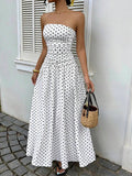 MainGRL Women's Polka Dot Print Waist Cinched Bandeau Dress, Vacation Style,Dresses For Women Casual Sun Dress Long Brown Long Dress Brown Sundress Brown Maxi Dress Brown Polka Dot Dress